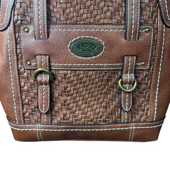 Born Concepts BOC Brown Faux Vegan Leather Woven Backpack Purse Travel 11\